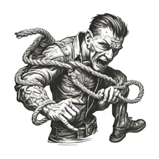 Sins hold a man with ropes, but he tries to move forward. tattoo design idea