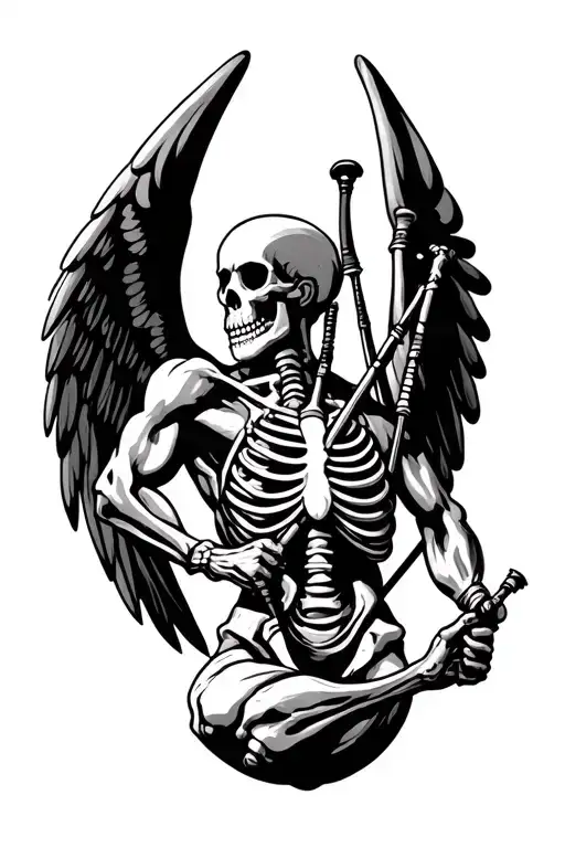 winged muscular skeleton playing bagpipes tattoo design idea