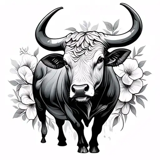 bull with sweet pea flowers intertwined tattoo design idea