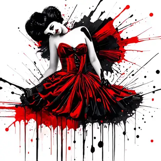 alf-profile portrait of Cruella in red-black dress melting into abstract brushstrokes tattoo design idea