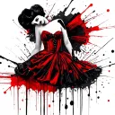 alf-profile portrait of Cruella in red-black dress melting into abstract brushstrokes tattoo design idea