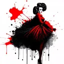 alf-profile portrait of Cruella in red-black dress melting into abstract brushstrokes tattoo design idea