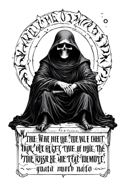 momento mori words with grim reaper sitting sad tattoo design idea