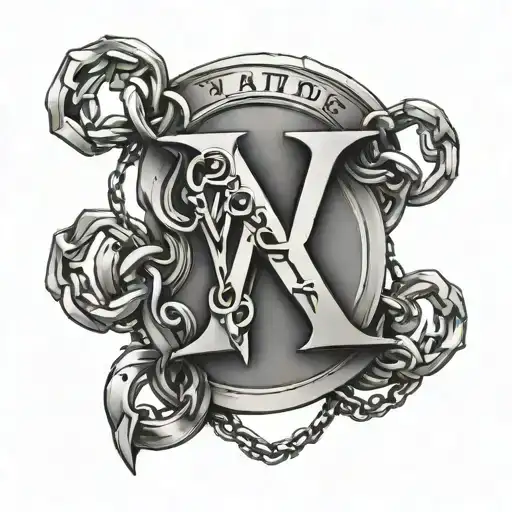 High quality, high detail, on a light background, tattooed two tokens on a chain, the chain wraps around the letter "v" tattoo design idea