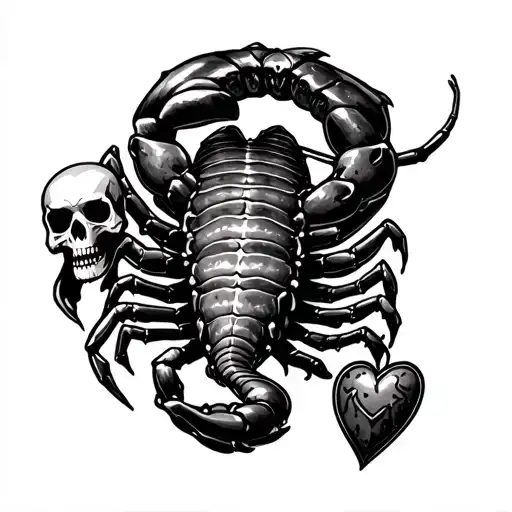 Scorpion holding scale with tail. scale has skull on one side and heart on other side  tattoo design idea