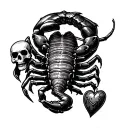 Scorpion holding scale with tail. scale has skull on one side and heart on other side  tattoo design idea
