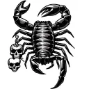 Scorpion holding scale with tail. scale has skull on one side and heart on other side  tattoo design idea