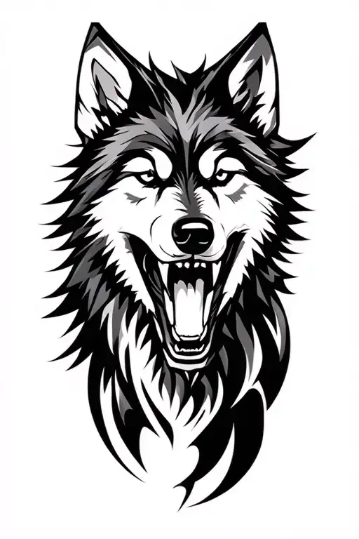 Create a tattoo of an abstract wolf's head with an open, aggressive mouth for my left upper arm. The wolf should be surr tattoo design idea