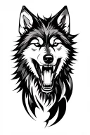 Create a tattoo of an abstract wolf's head with an open, aggressive mouth for my left upper arm. The wolf should be surr tattoo design idea