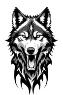 Create a tattoo of an abstract wolf's head with an open, aggressive mouth for my left upper arm. The wolf should be surr tattoo design idea