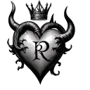 make me a simple heart with a R mixed in with the heart and have the heart as a devil and have a queen crown on the horn tattoo design idea