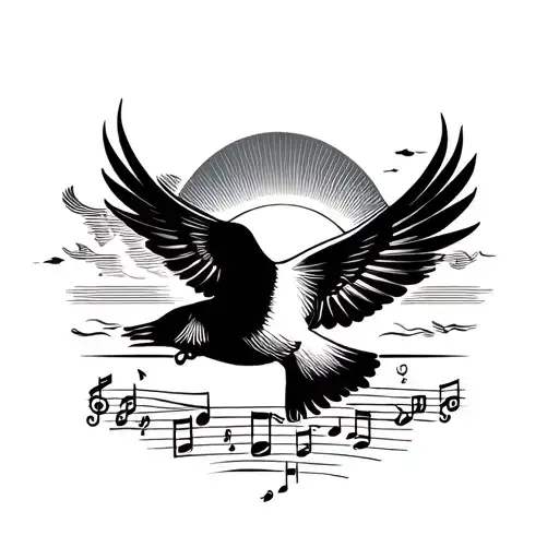 Beyond with flight bird, rising sun, music note tattoo design idea