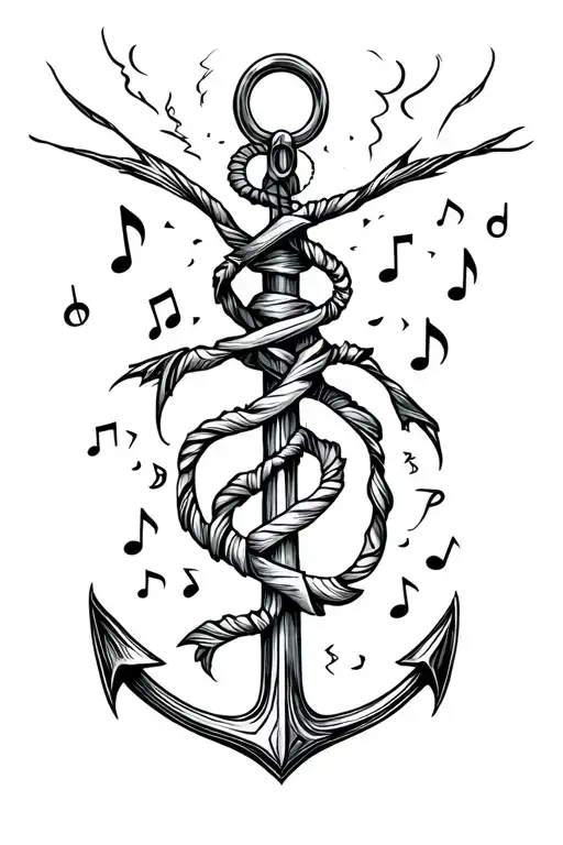 tribal cleft with anchor tied into it and music notes going upward toward the armpit add other things around for filling tattoo design idea