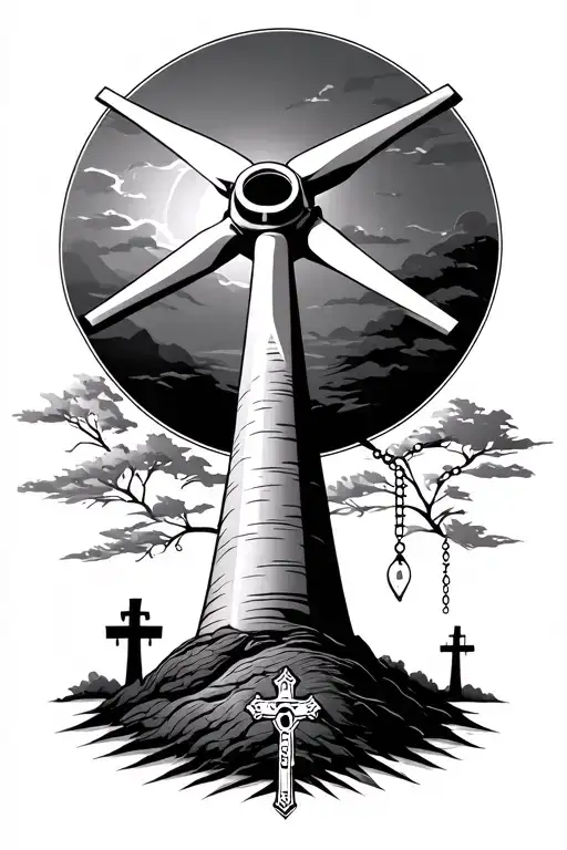 a modern day wind turbine with a family tree in front of it with a rosary  tattoo design idea