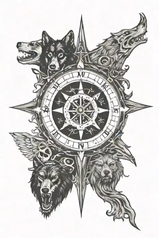 viking compass with wolf pack and skulls black and white tattoo design idea