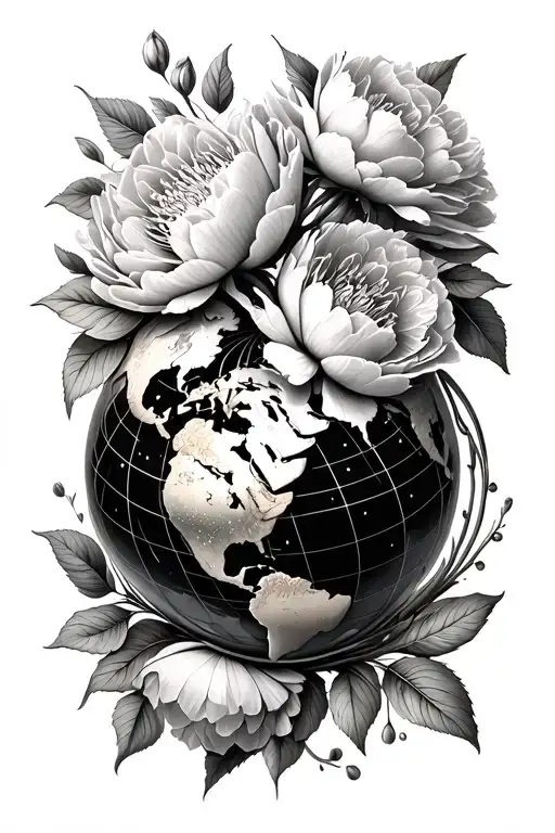 earth globe sketch with peonies blooming tattoo design idea