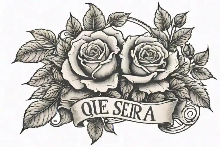 tattoo of a Rose garden, Aquarius star sign, a small dove, with the words "que sera sera" in it tattoo design idea