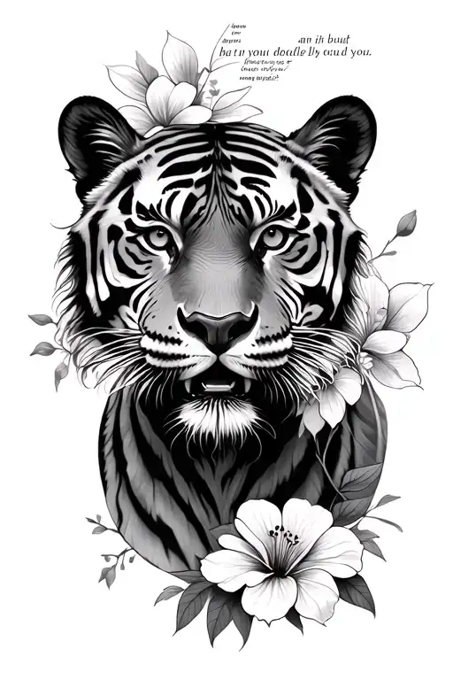 tiger, flowers, bible verse written tattoo design idea