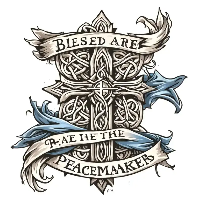 Celtic Cross with ""Blessed are the peacemakers." written on a blue sash draped  on cross. tattoo design idea