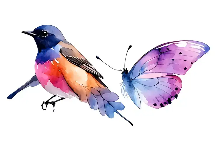 butterfly and robin - pink, purple, blue colours tattoo design idea