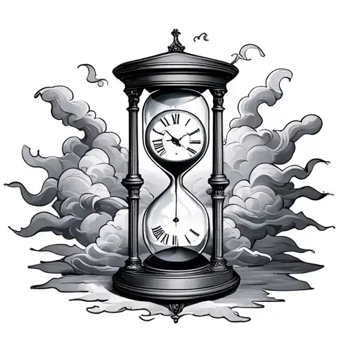 hourglass with a large Roman clock half on top with cloud-style shades around the entire perimeter of the tattoo tattoo design idea