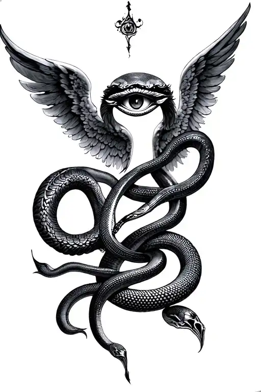 mirrored, snakes, renaissance, angel, fallen angel, third eye tattoo design idea