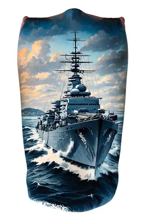 A realistic portrayal of the Japanese battleship Yamato on the back of the arm, drawing details from the historical phot tattoo design idea