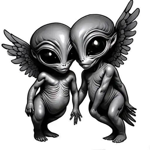 Draw: two aliens in baby angel bodies Good and bad agianst each other. aliens more frendly xartoon type tattoo design idea