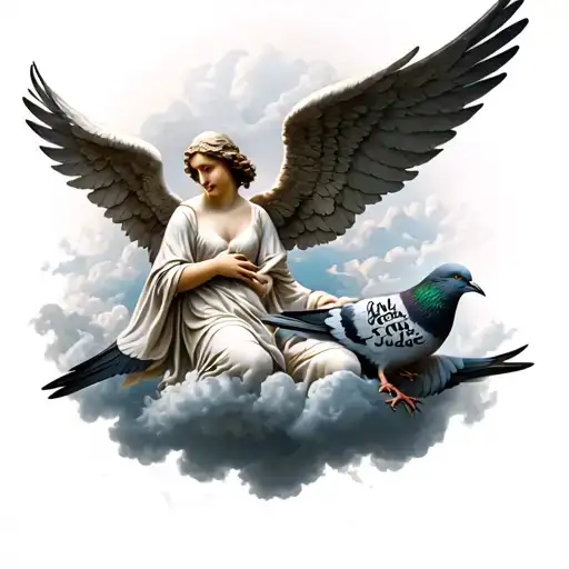 angels surrounded by clouds with text "only god can judge me" and pigeons tattoo design idea