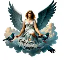 angels surrounded by clouds with text "only god can judge me" and pigeons tattoo design idea