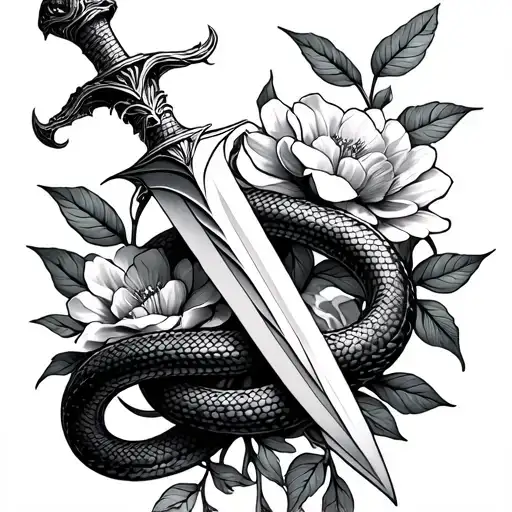 Sleeptoken dagger with snake wrapping and flowers growing tattoo design idea