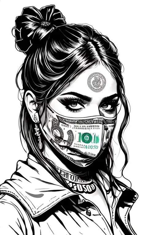 female gangster, money,ski mask split tattoo design idea