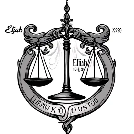 Libra scale tilted with one side saying Elijah with my birthdate 10/01/1990 tattoo design idea
