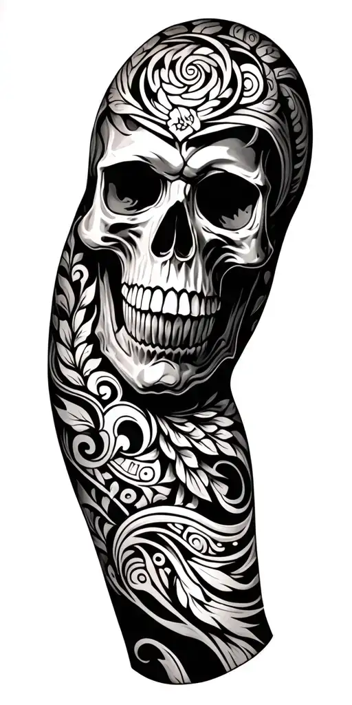 skull and maori arm sleeve tattoo design idea