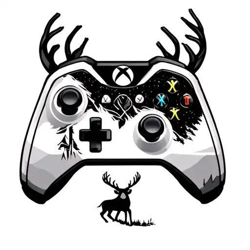 Xbox game controller with deer near bottom of controller and in the sky have viking symbols as constellations at night tattoo design idea