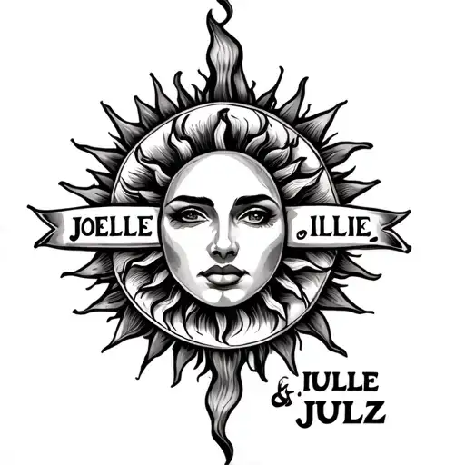 Manly masculine tattoo with a sun and the names joelle ,lillie and juelz tattoo design idea