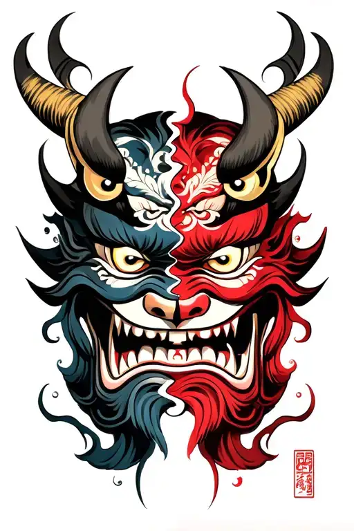 Oni Mask splitting in half tattoo design idea