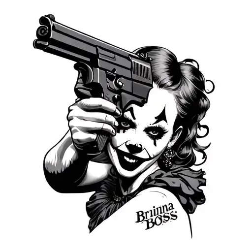sexy clown woman with a gun bent over saying brianna boss tattoo design idea