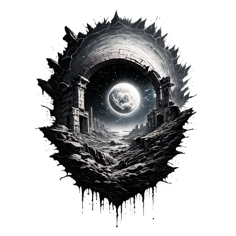 cosmic movement, ruins hinted through crumbled, eroded textures  tattoo design idea