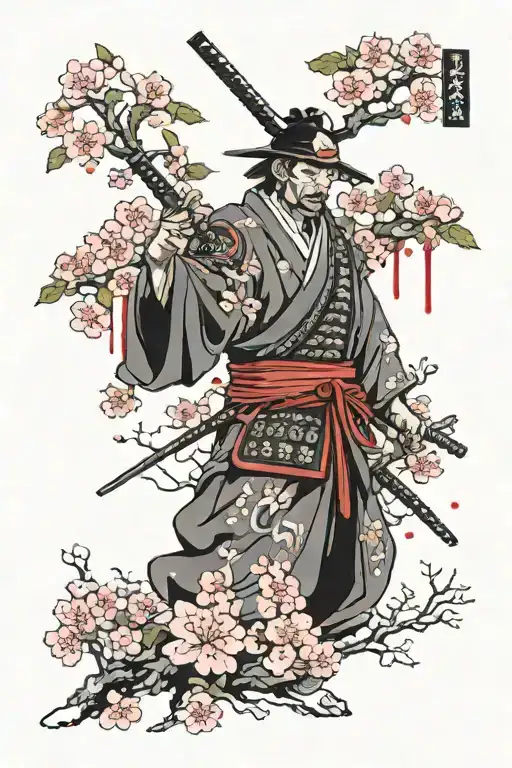 Samurai with bloody cherry blossoms, after a war, with a temple behind him tattoo design idea