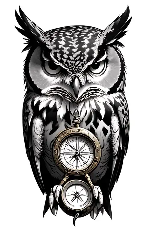 great horned owl carrying a compass in claws tattoo design idea