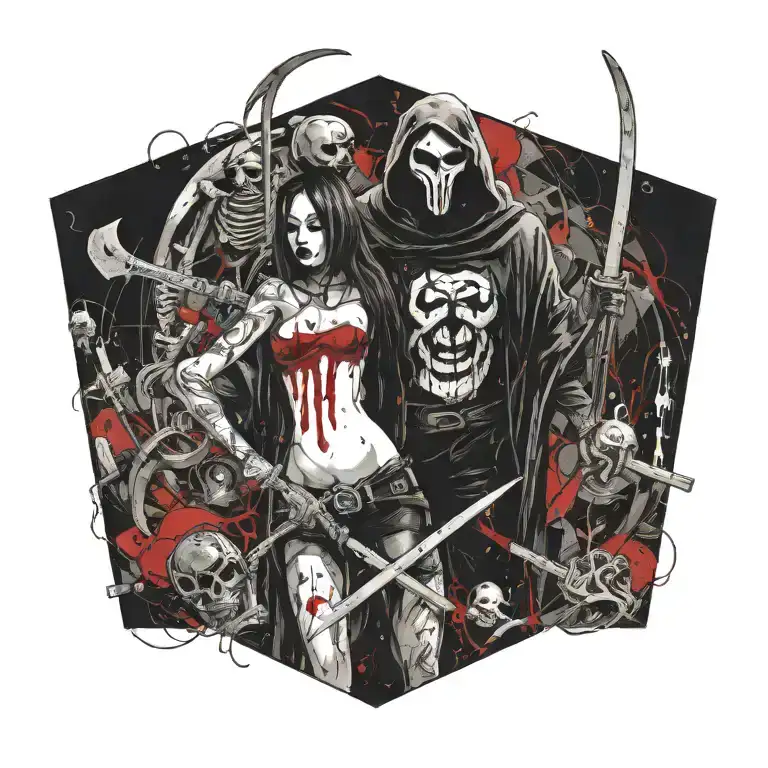 Ghostface holding a scythe girl with innocent looking tattoo design idea