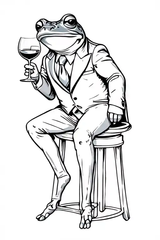 A fine line tattoo of a bullfrog wearing a suit and tie sitting on a stool drinking a glass of wine. with no pants.  tattoo design idea
