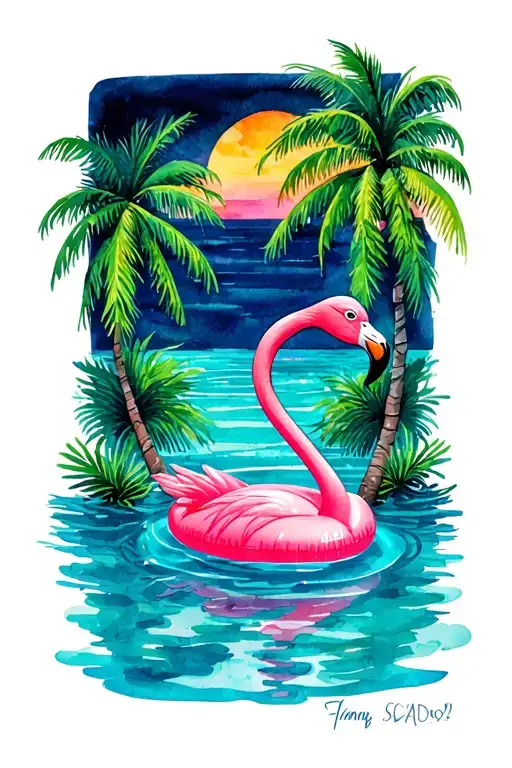 flamingo in a pool float in ocean with palm trees colors sunset tattoo design idea