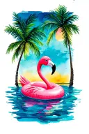 flamingo in a pool float in ocean with palm trees colors sunset tattoo design idea