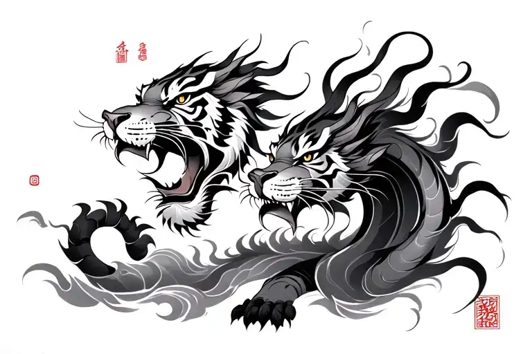 A traditional Chinese ink painting  depicting the eternal balance between the dragon and the tiger in Taoist philosophy  tattoo design idea
