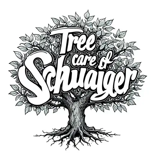 Tree care of Schwaiger lettering in a tree with leaves and roots tattoo design idea