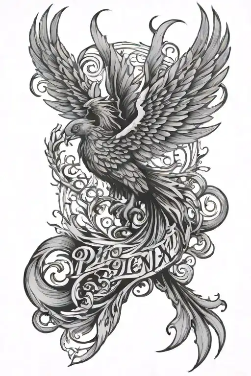 phoenix rising with number 8 and some words or phrases that hold personal about healing and resurection tattoo design idea