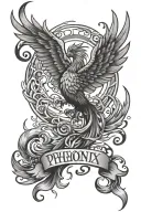 phoenix rising with number 8 and some words or phrases that hold personal about healing and resurection tattoo design idea