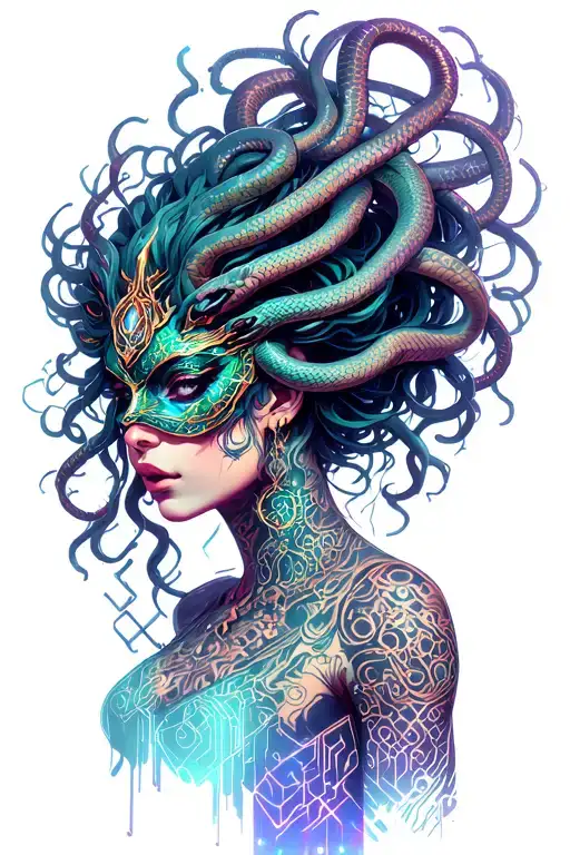medusa goddess with oni mask, snakes hair tattoo design idea